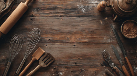 empty wooden cooking counter background, top-down view, slight kitchen utensilsの素材