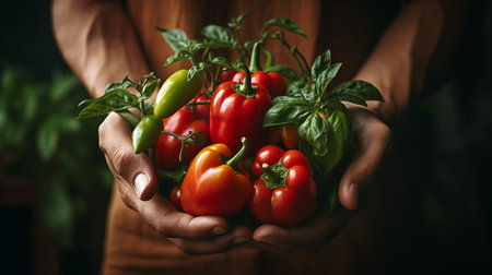 human hands holding fresh ingredients like vegetables or herbsの素材