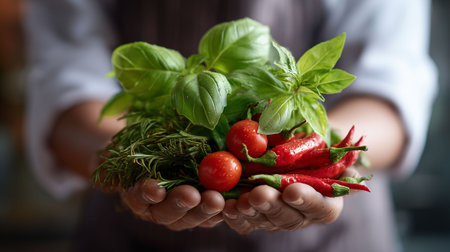 human hands holding fresh ingredients like vegetables or herbsの素材