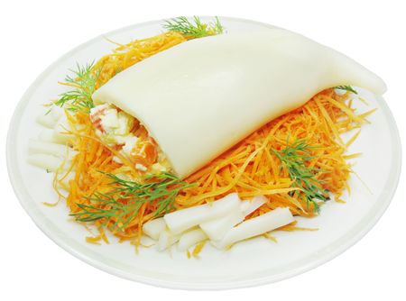 stuffed squid with carrot salad and fennelの写真素材