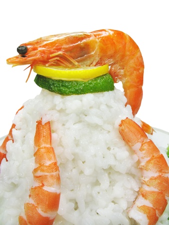 composition of cooked shrimps with rice and green cauliflowerの写真素材