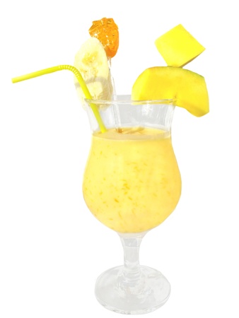 yellow mango cocktail isolated on whiteの写真素材