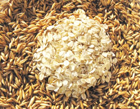 oat grains with oat product in the centerの写真素材
