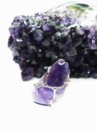 amethyst semigem geode crystals and ring geological mineral isolated の写真素材