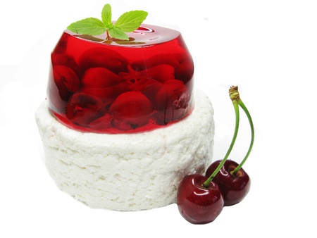 cherry dessert with dairy pudding and jellyの写真素材