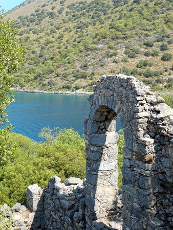 mediterranean sea landscape view of coast and ancient ruinsの写真素材