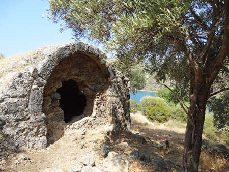 mediterranean sea landscape view of coast and ancient ruinsの写真素材