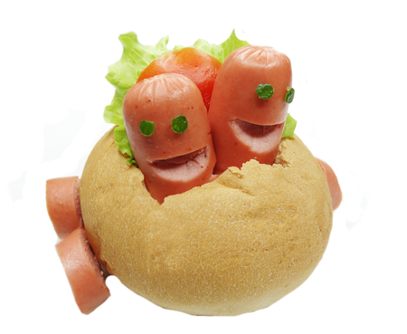 creative sandwich with sauasage men driving in the car formの写真素材