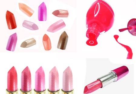 eye shadows cosmetic pencils nail polishers mascara lipstick isolatedの写真素材