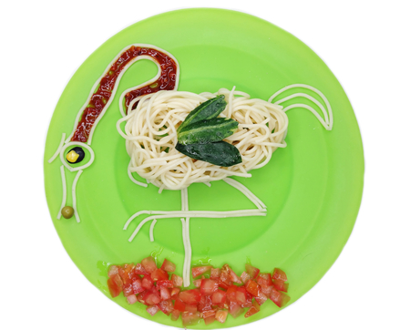 creative vegetable food meal with spaghetti  bird formの写真素材