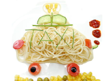 creative vegetable food meal with spaghetti car formの写真素材
