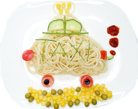 creative vegetable food meal with spaghetti car formの写真素材