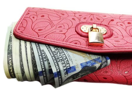 dollars banknotes money in red walletの写真素材