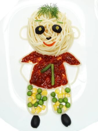 creative vegetable food meal with spaghetti boy formの写真素材