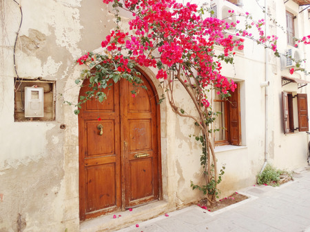 door architecture detail in house building with bougainvillaea Greeceの写真素材