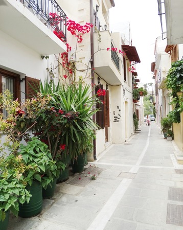 door architecture detail in house building with bougainvillaea Greeceの写真素材