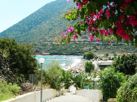 mediterranean sea landscape view of beach and mountains on Crete islandの写真素材