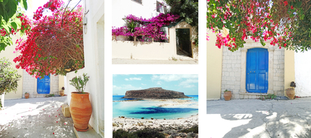 door architecture detail in house building with bougainvillaea Greeceの写真素材