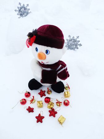 happy snowman on snow background christmas decorの写真素材
