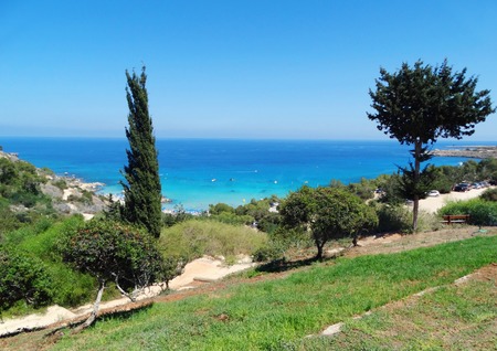 sandy beach coast in the mediterranean sea landscape on Cyprus islandの写真素材