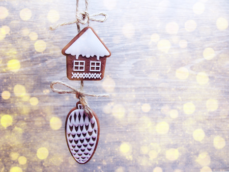 christmas cookies and gingerbread traditional food on wooden boardの写真素材