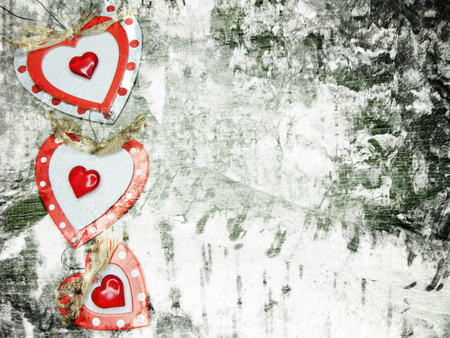 greeting card love valentine's day with hearts on vintage wooden background and copy spaceの写真素材