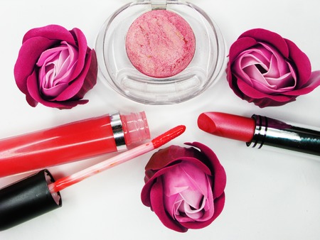 lipstick lipgloss eye shadows collection palette set cosmetic for make up isolated on white backgroundの写真素材