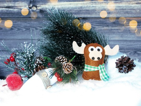 christmas fruit berries apple and decoration with fir branches snow の写真素材