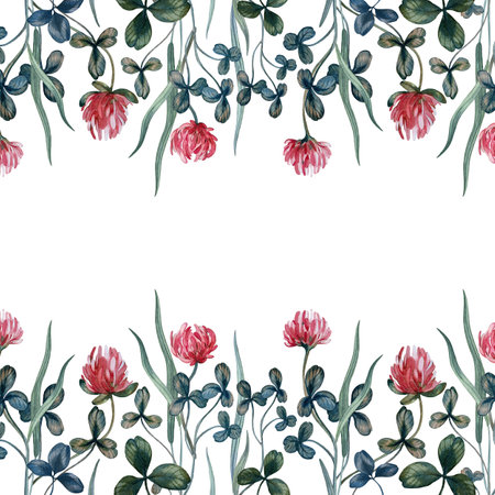 Watercolor frame with leaves and flowers of pink clover. The floral composition is drawn by handの写真素材