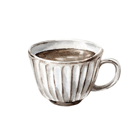 Ceramic cup with black coffee hand drawn in watercolor isolated on white background.の写真素材