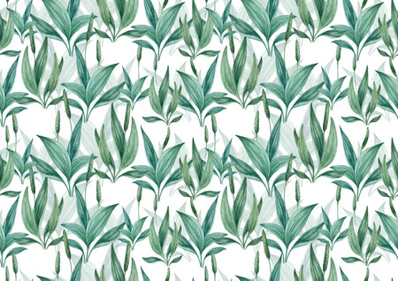 Seamless watercolor floral pattern with green leaves and plantain flowers.の写真素材