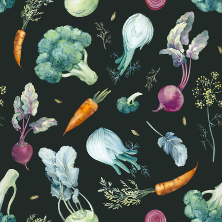 Autumn vegetable seamless pattern.Hand drawn background of kohlrabi, beet, fennel broccoli, carrot