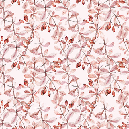 Barberry autumn seamless watercolor pattern. Ornament with red berries and leaves hand drawnの写真素材