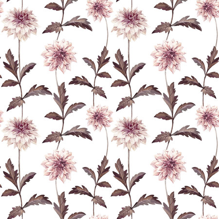 DahliaDahlia seamless pattern with flowers and leaves. Watercolor floral ornament hand drawn.の写真素材