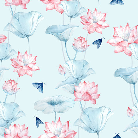 Lotus flower seamless watercolor pattern. Hand drawn flowers, leaves and butterflies.の写真素材