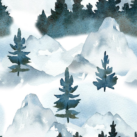 Mountains and forest watercolor seamless pattern. Winter landscape sketch hand drawn. Background with jumps and trees in fog. For fabric and wrapping paper designの写真素材
