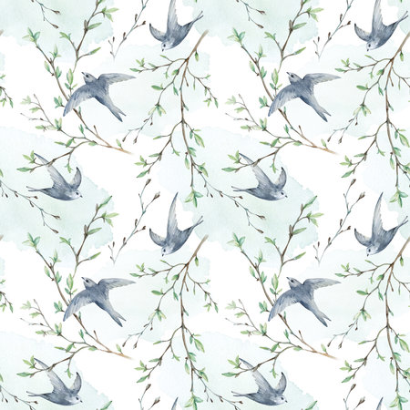 Birds and branches spring seamless pattern. Swifts flying, leaves and twigs with buds painted with watercolor ornament. Template for design of textiles, fabric, wallpaper and wrapping paperの写真素材