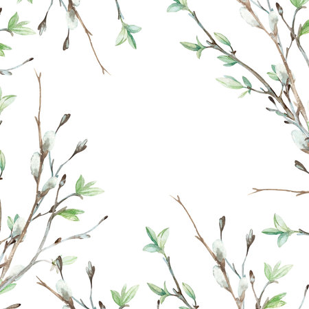 Frame with spring branches, leaves and willow tied with. Watercolor hand-drawn illustration isolated on white background. Template for a postcardの写真素材