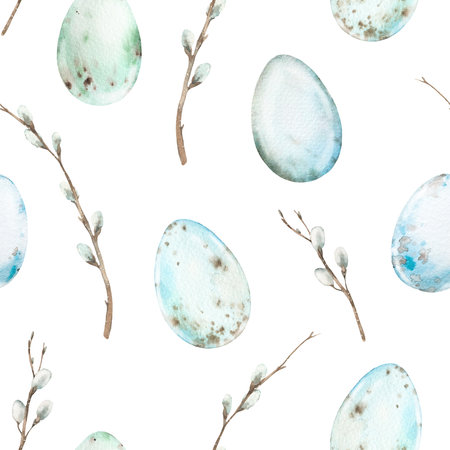Easter seamless pattern with eggs and pussy willow branches on a white background. Ornament hand-drawn with watercolor. For textile design, wrapping paper, fabric and labelsの写真素材