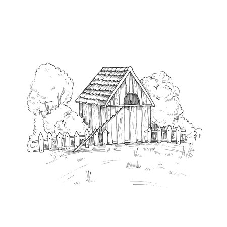 Farm landscape scene with chicken coop, fence, trees and bushes. Vector black and white illustration hand drawn with ink.のイラスト素材