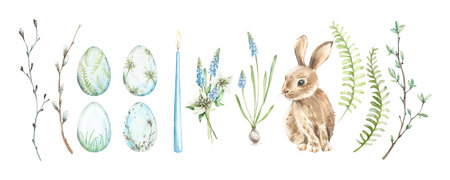 Easter set of hand drawn watercolor decorative elements. Rabbit, eggs, fern leaves, willow branches,...