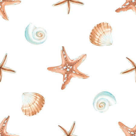 Sea shells and starfish seamless watercolor pattern. Hand drawn ornament. Template for textile design, label, fabric and wallpaper.の写真素材