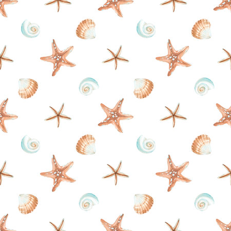 Sea shells and starfish seamless watercolor pattern. Hand drawn ornament. Template for textile design, label, fabric and wallpaper.の写真素材