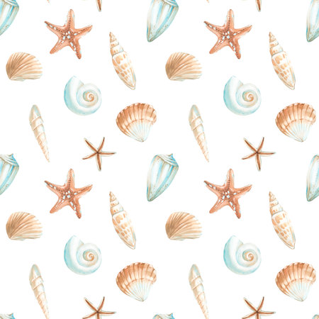 Sea shells and starfish seamless watercolor pattern. Hand drawn ornament. Template for textile...