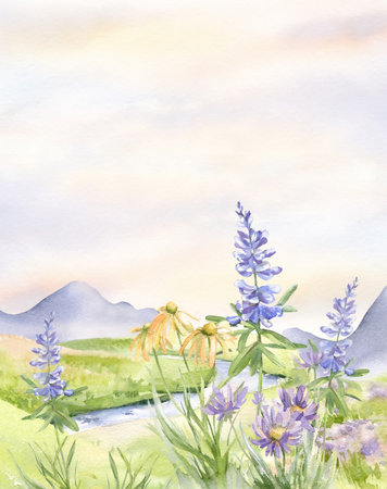 Mountain landscape with snowy peaks, river, forest, fir trees, flower fields. Watercolor illustration hand drawn with watercolor. Template for print and card designの写真素材