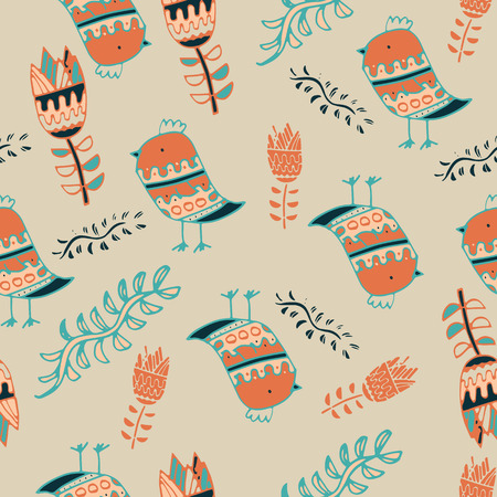 Cute colorful floral seamless pattern with owl and bird. seamless pattern of flowers in colourful styleのイラスト素材