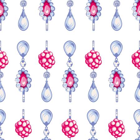 Shiny ruby heart pendants hanging with golden chains and colorful bows seamless patternのイラスト素材