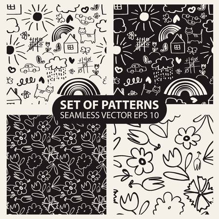 set of seamless hand drawn patterns in the style of children. 10 epsのイラスト素材