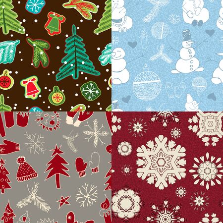 set of seamless wrapping paper for Christmas gift. Set of Christmas seamless patterns in vintage styleのイラスト素材