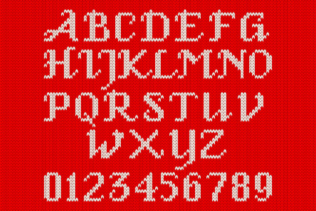 White knitted alphabet and figures on a red background.のイラスト素材